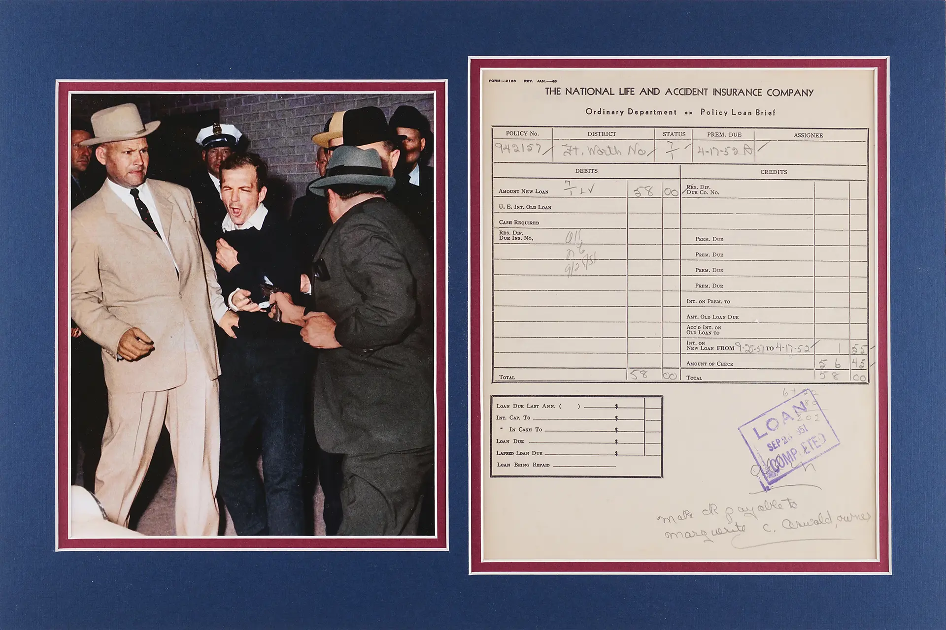 Lee Harvey Oswald: Marguerite Oswald Life Insurance Policy Loan Document (1951)
