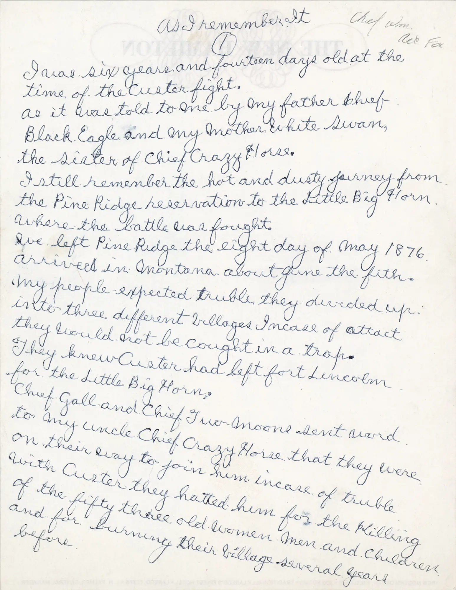 Chief Red Fox Autograph Manuscript Signed - Native American Account