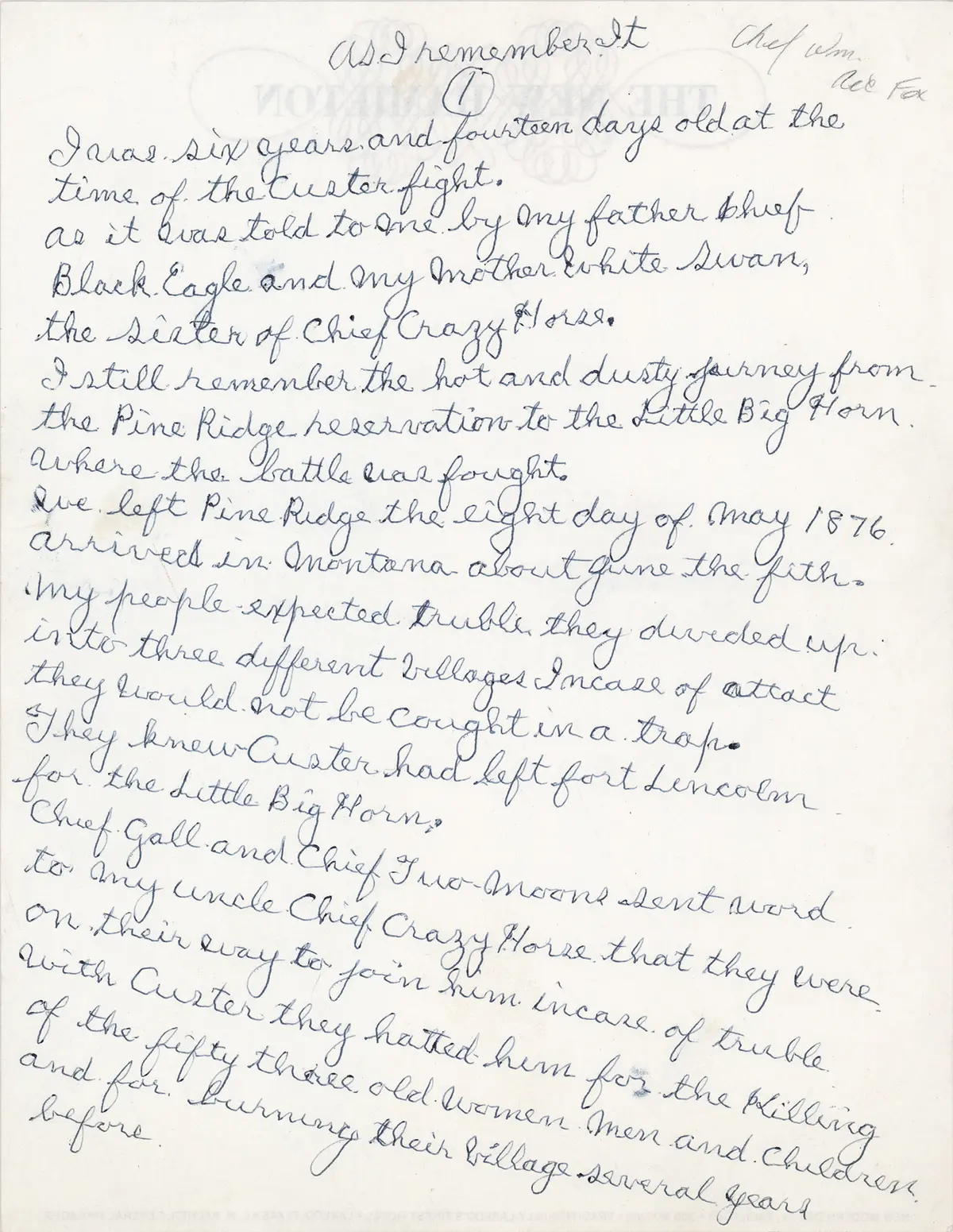 Chief Red Fox Autograph Manuscript Signed - Native American Account
