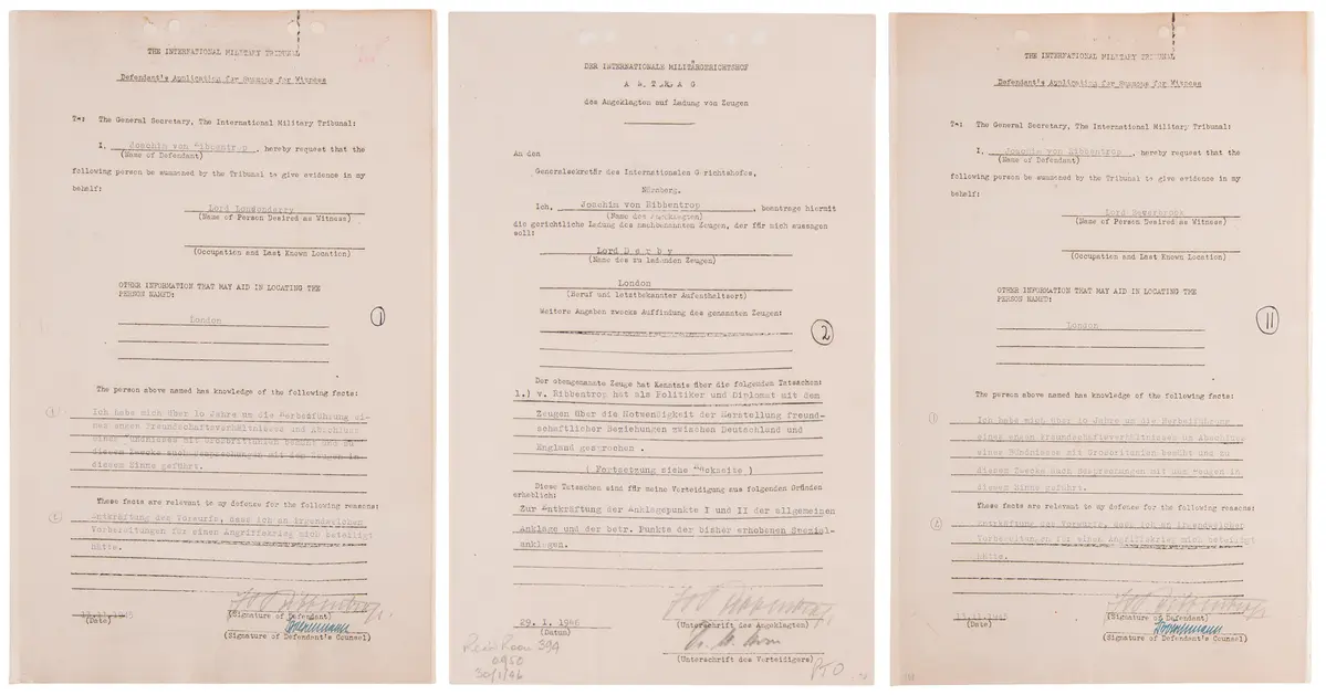 Joachim von Ribbentrop (3) Documents Signed at Nuremberg, Seeking