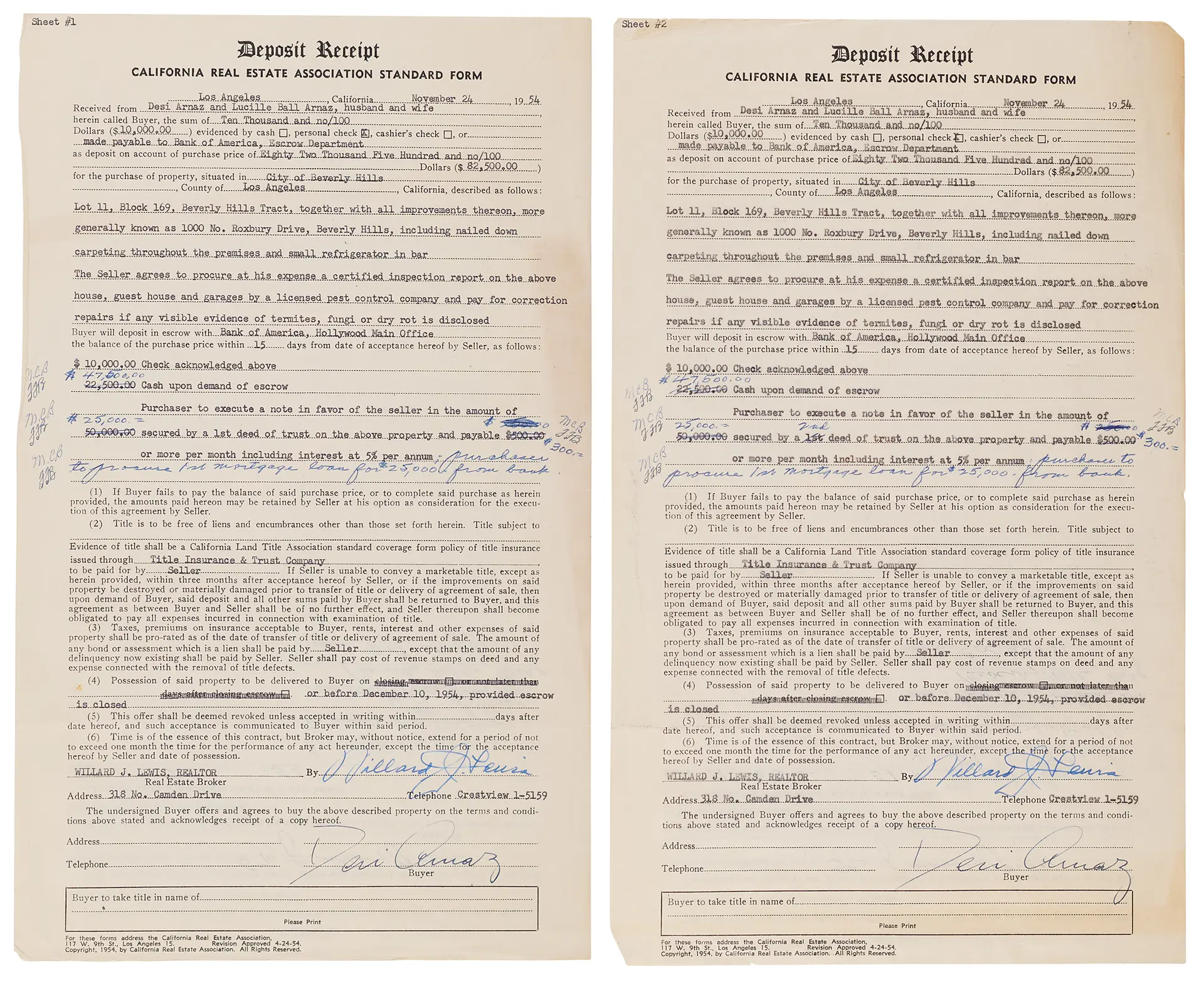 Desi Arnaz (2) Documents Signed for the Purchase of a Beverly Hills Mansion