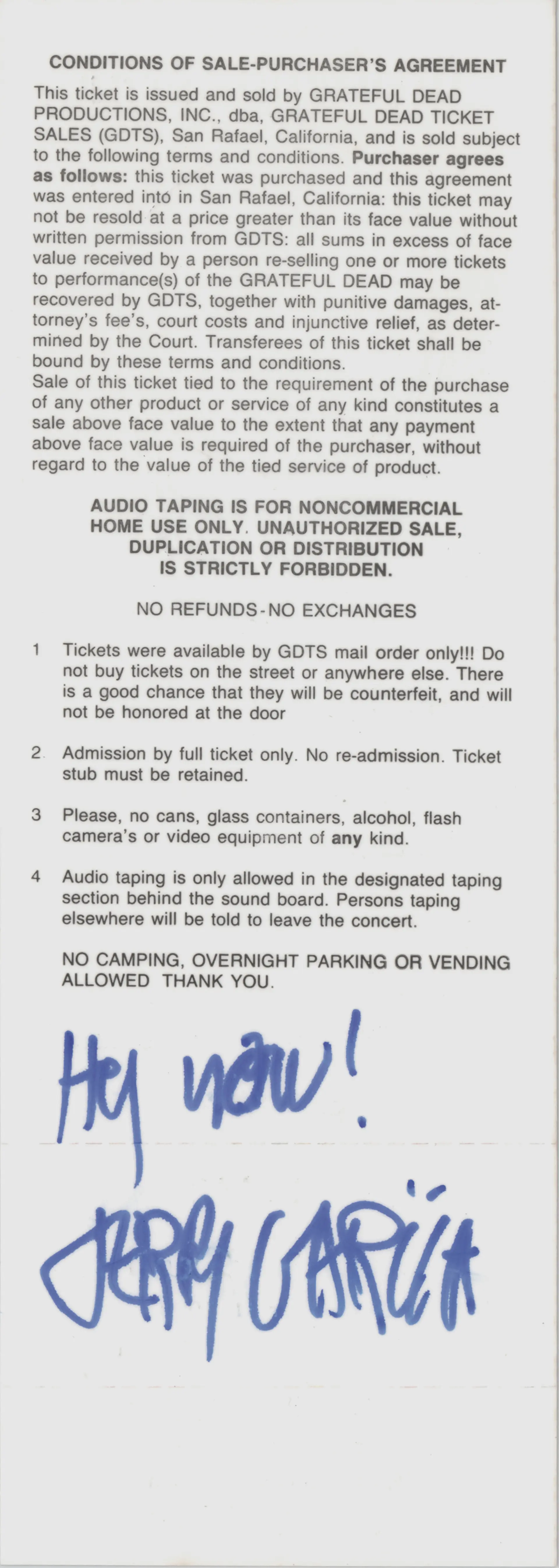 Grateful Dead: Jerry Garcia Signed Oakland Coliseum Arena Ticket -