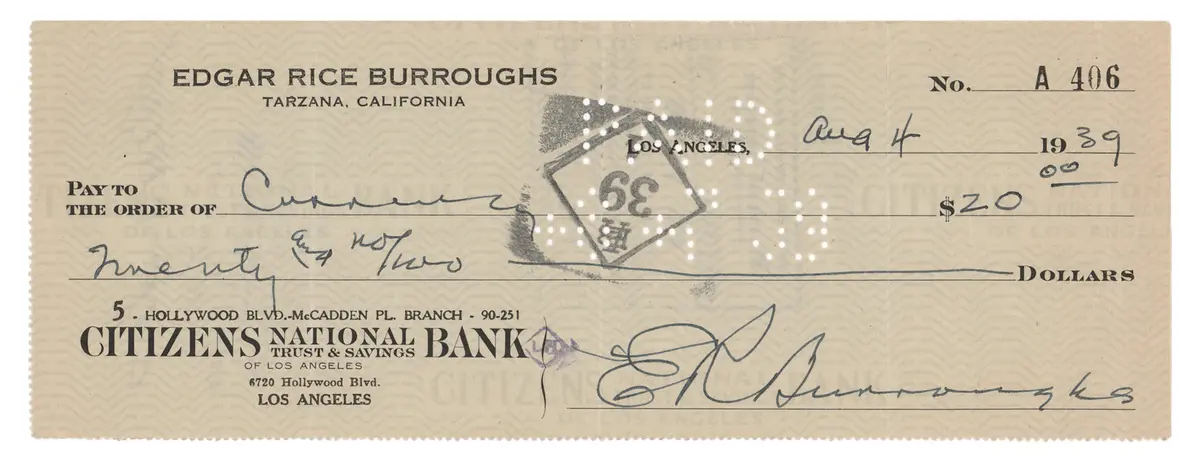 Edgar Rice Burroughs Signed Check