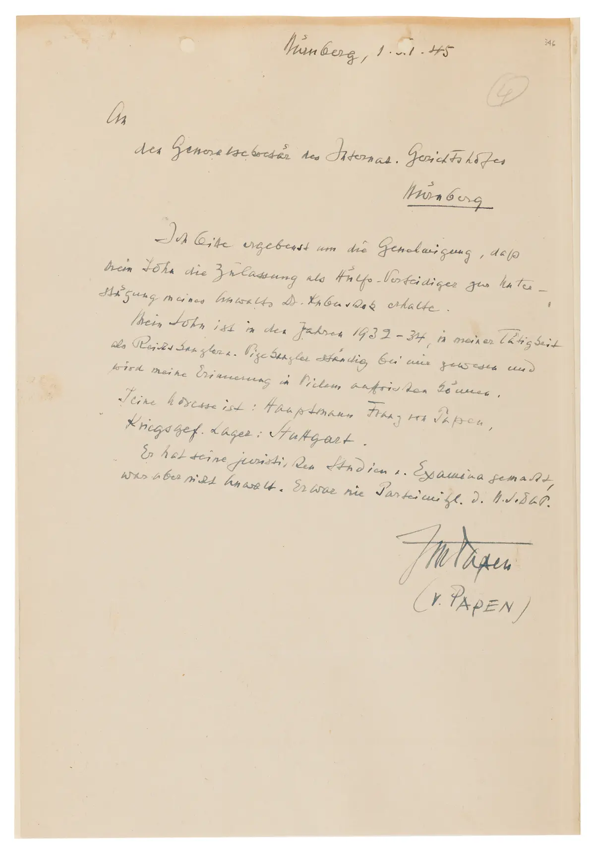 Franz von Papen Autograph Letter Signed at Nuremberg, Requesting His