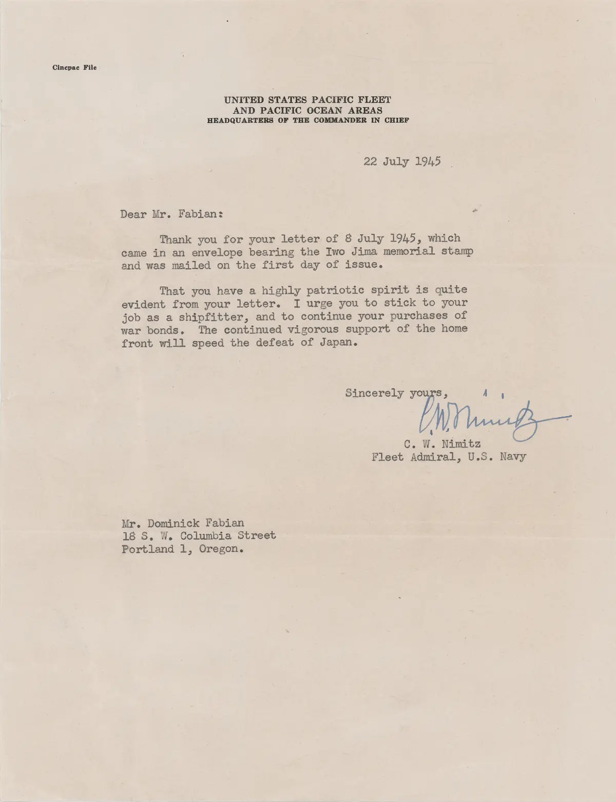 Chester Nimitz War-Dated Typed Letter Signed - "The continued vigorous