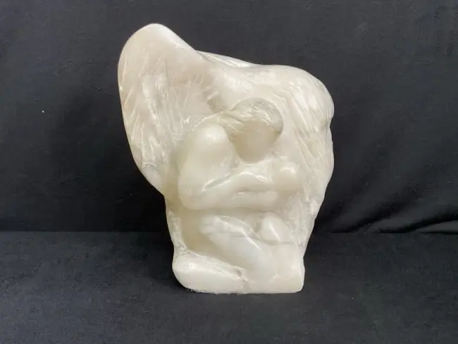 Michael Hipkins, alabaster, sculpture of a kneeling madonna and child