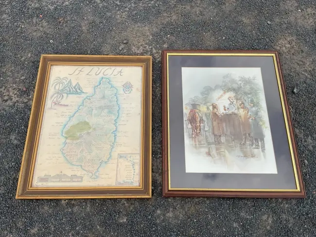 Sandra Fisher, coloured print, map of St Lucia; and Douglas E West