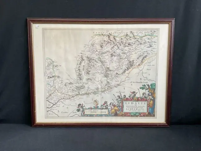 Timothy Pont, coloured print, copy of the 1654 map of Liddesale, with