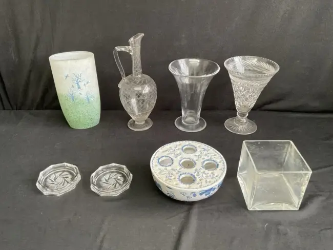 An oval art glass vase decorated with a tree landscape; a Victorian