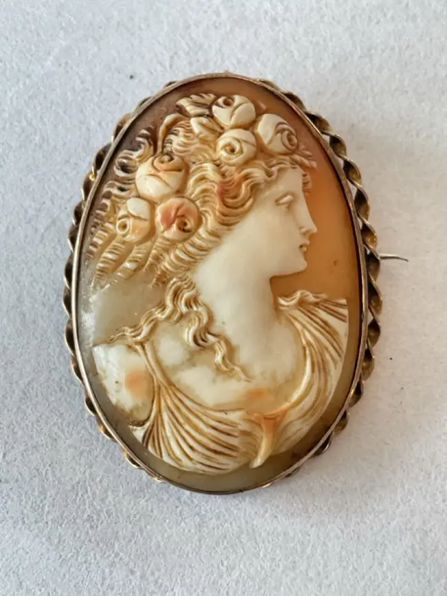 An antique shell cameo brooch carved as a classical lady in profile