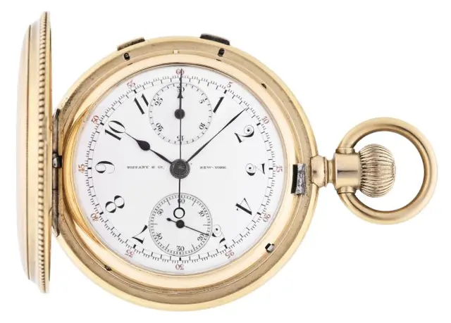 A late 19th century gold split seconds pocket chronograph by Tiffany & Co.