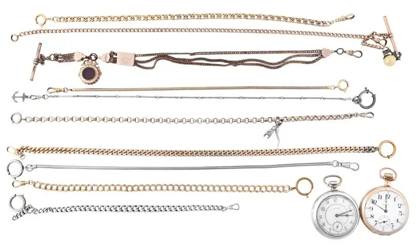 A lot of watch chains and two pocket watches