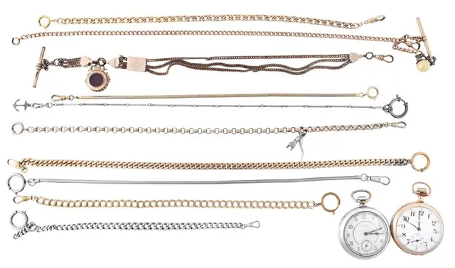 A lot of watch chains and two pocket watches