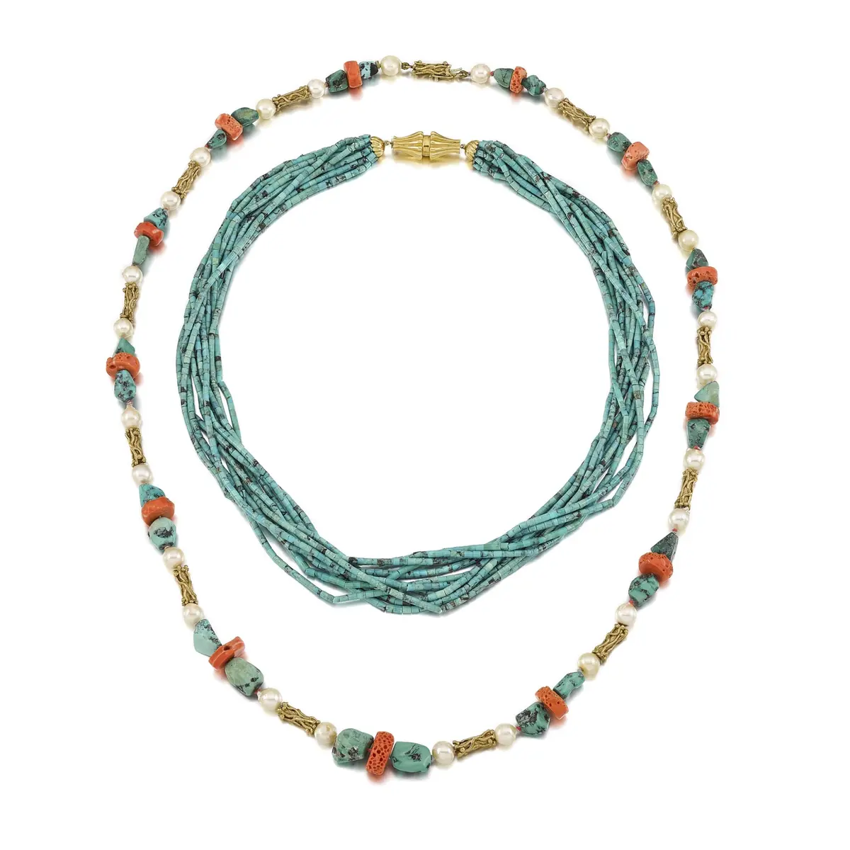Two Turquoise, Cultured Pearl and Coral Necklaces