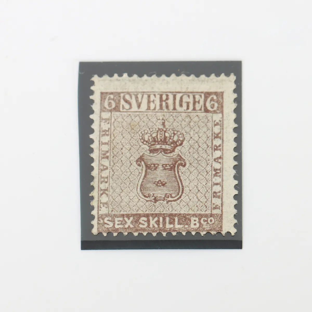 FRIMÄRKE 6 SKILLING BANCO, 1:a eftertryck 1868, ostämplat, med prövningsbevis