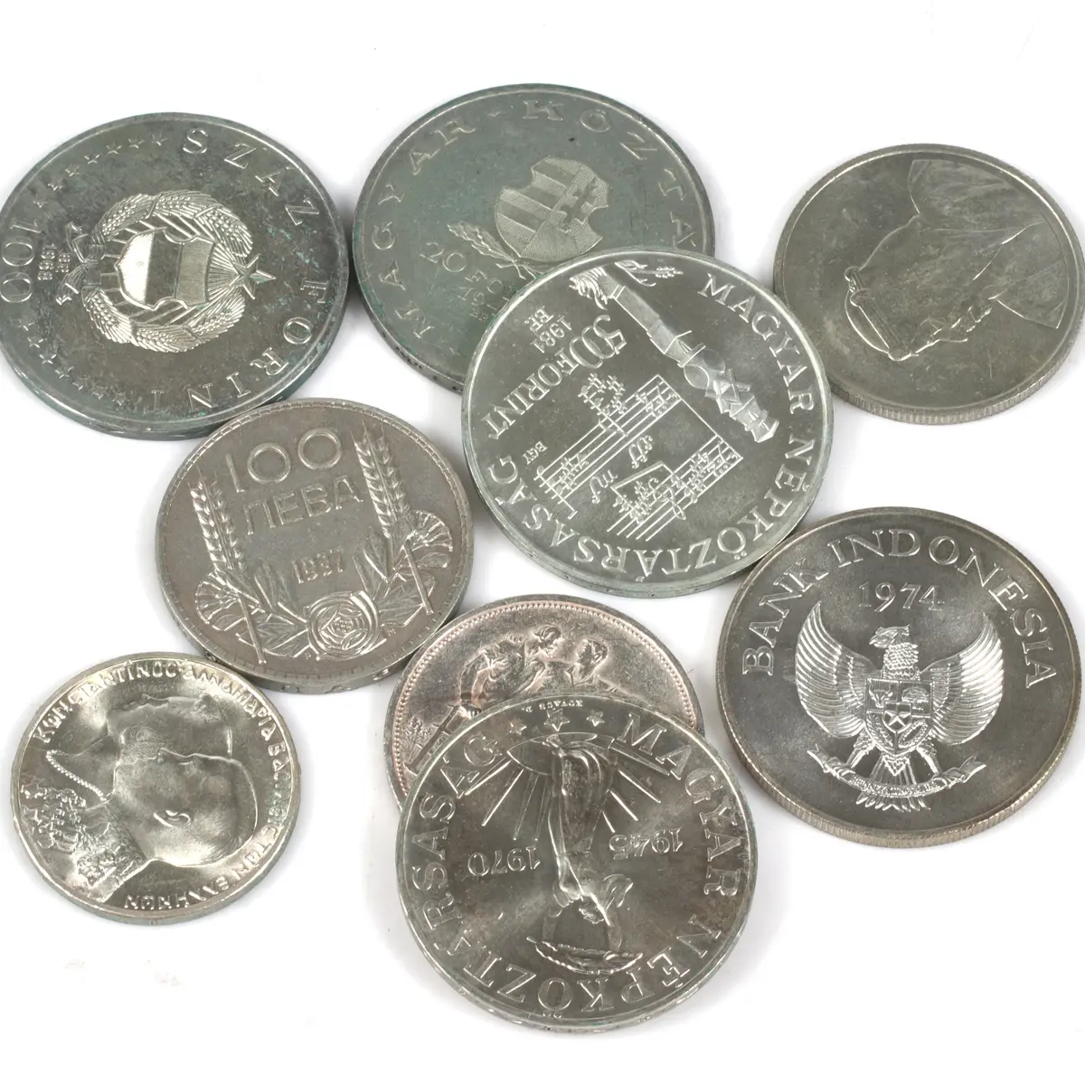 SILVERMYNT. 9 st. bl.a. 500 Forint, Ungern. 1900-tal.