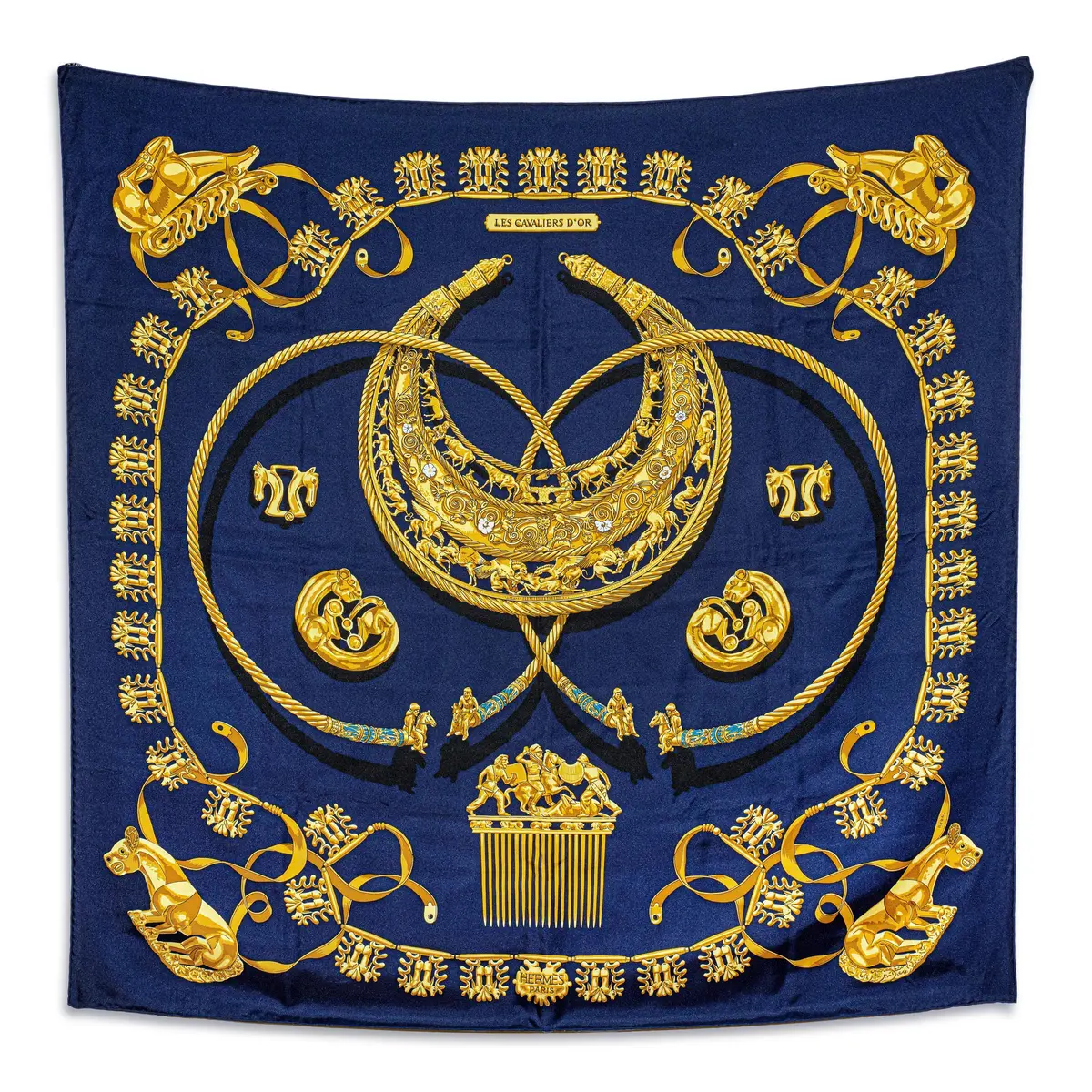 Hermes Les Cavaliers d'Or 90 Scarf – Silk, Navy Blue and Gold
