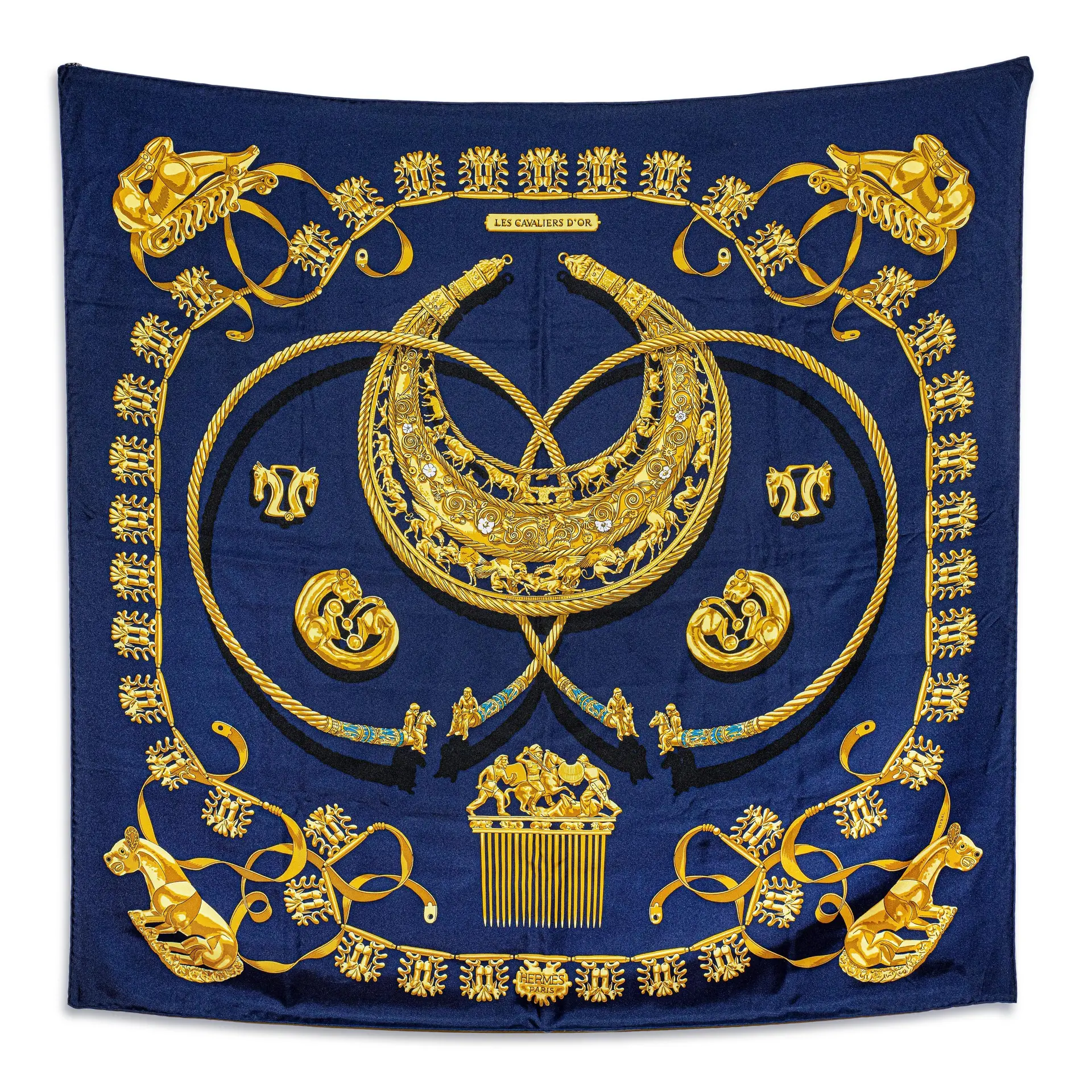 Hermes Les Cavaliers d'Or 90 Scarf – Silk, Navy Blue and Gold