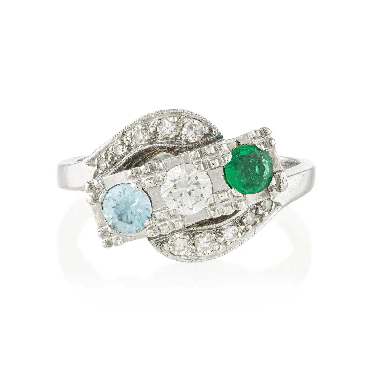 Emerald, Diamond, and Zircon Three-Stone Ring