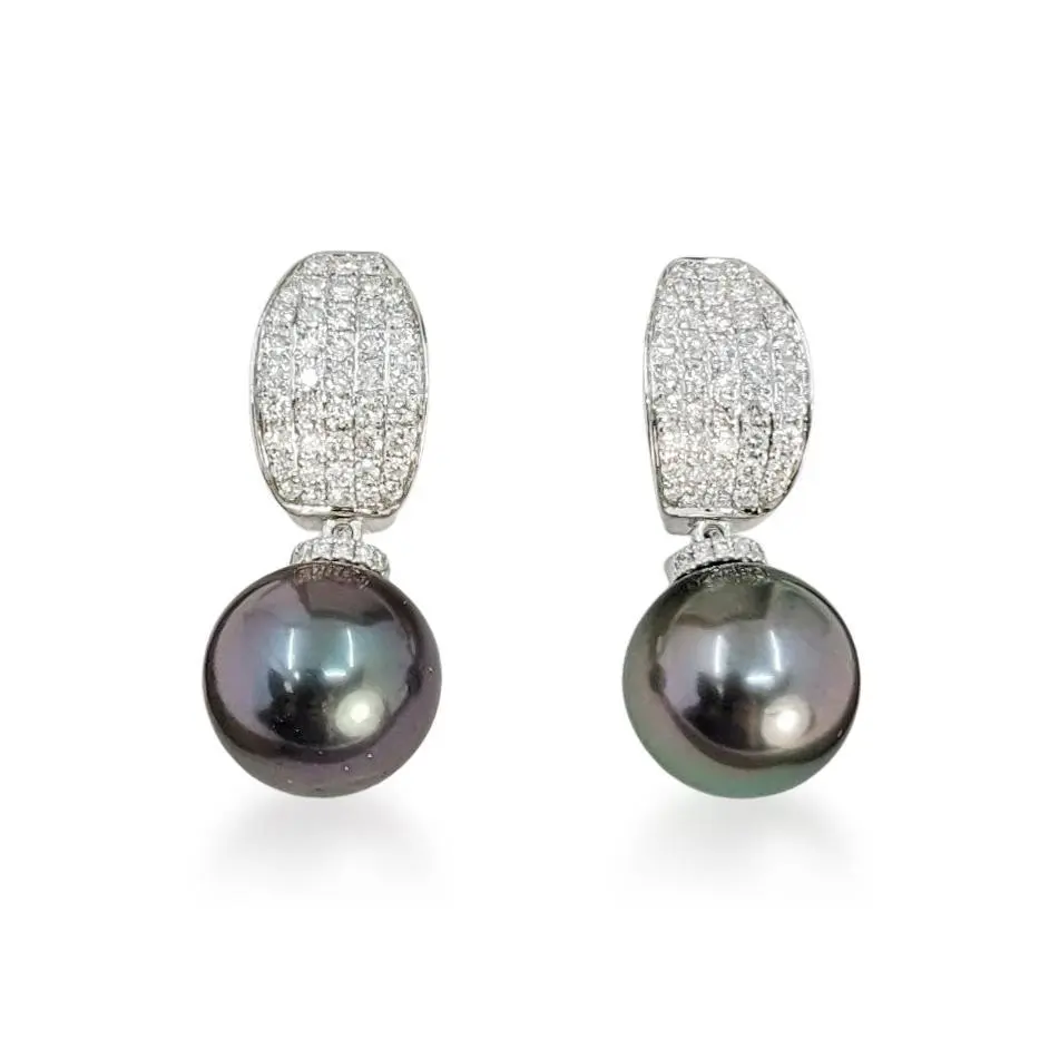Peacock Green Tahitian Pearl and Diamond Earrings