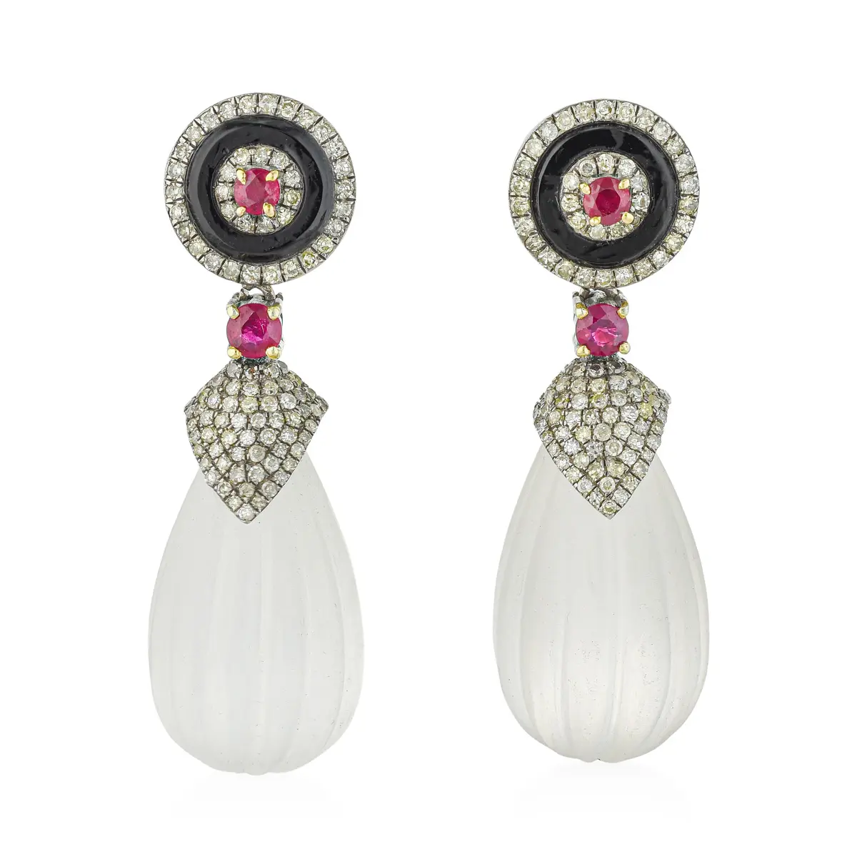 Art Deco Style Frosted Rock Crystal Ruby and Black Onyx Earrings