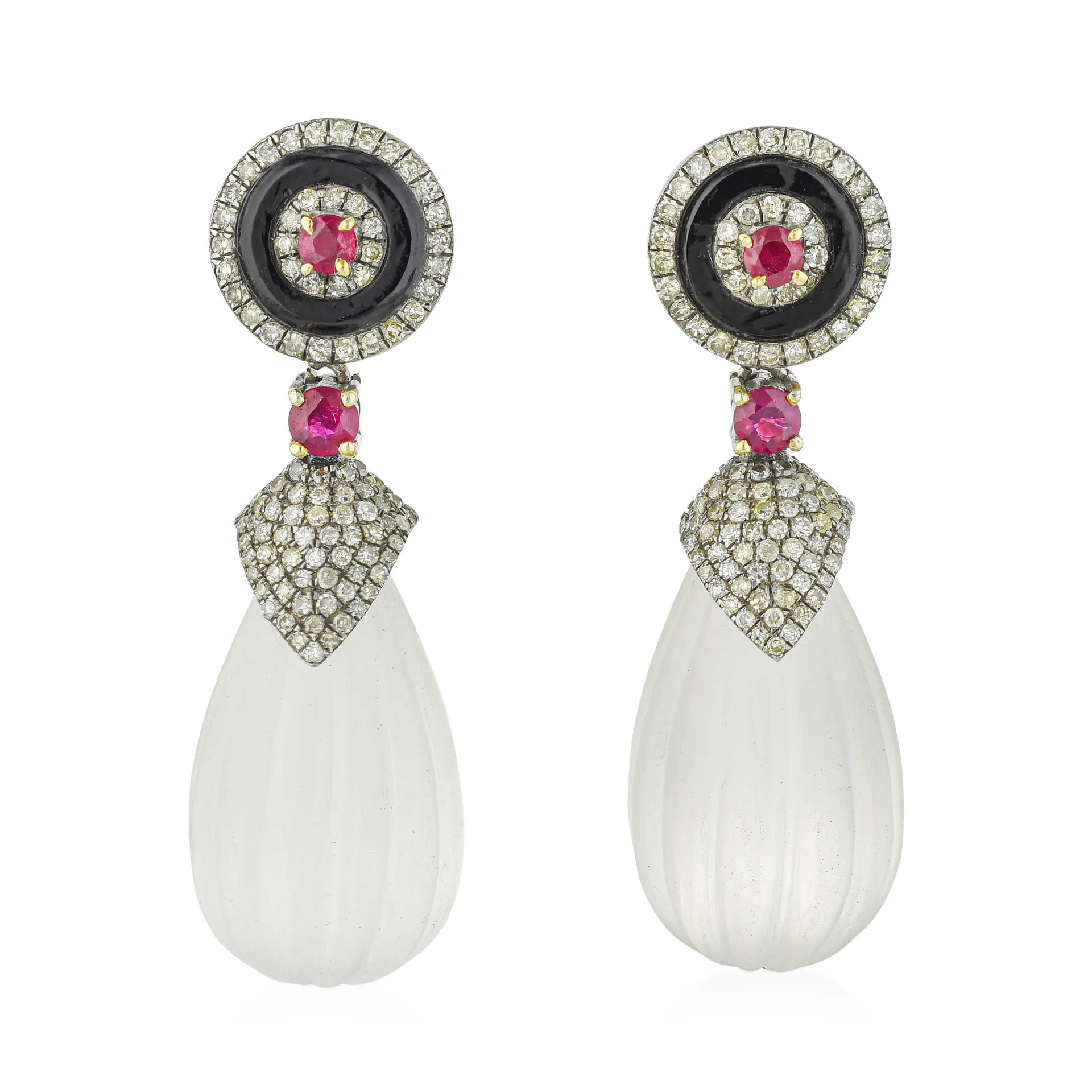 Art Deco Style Frosted Rock Crystal Ruby and Black Onyx Earrings