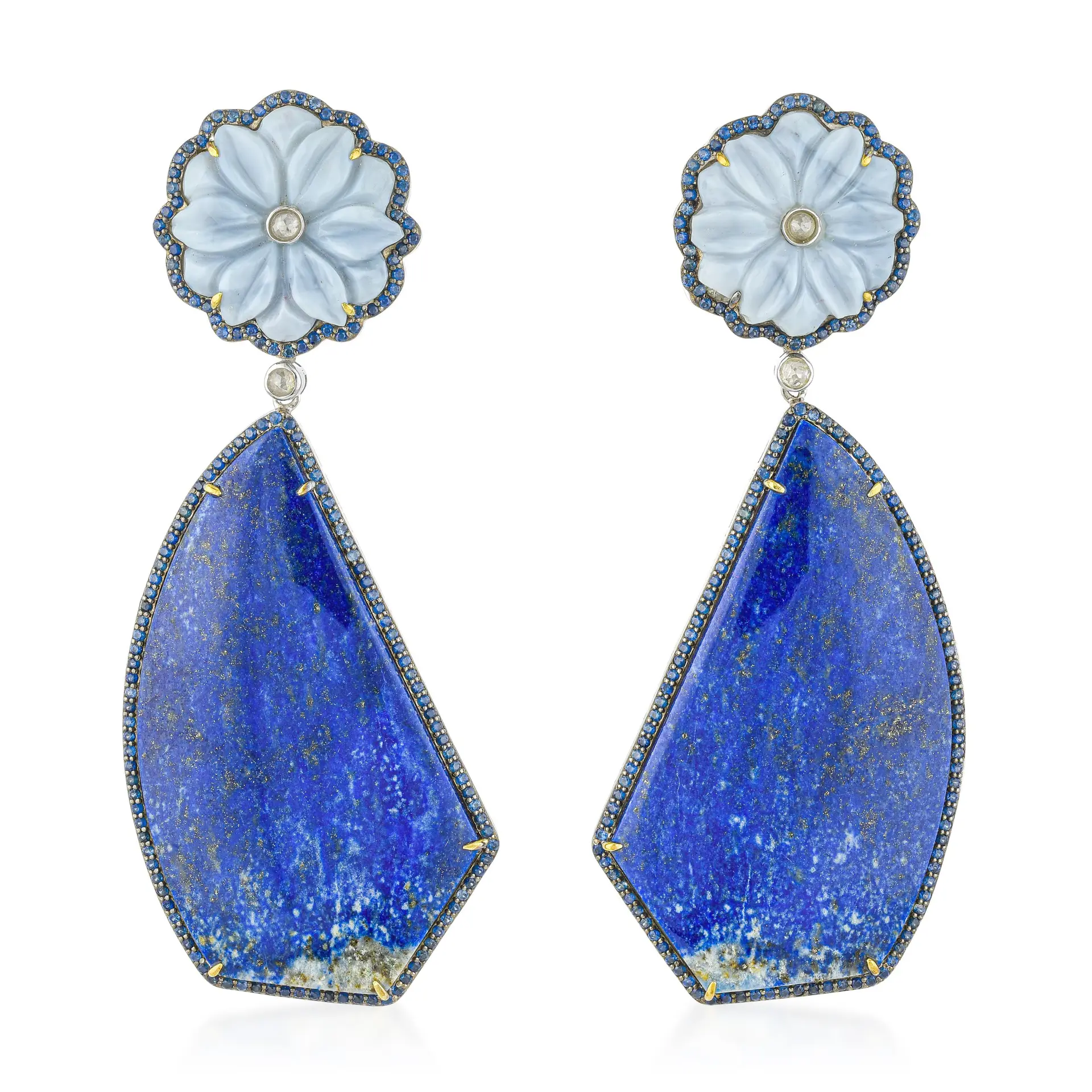 Hand Carved Lapis Lazuli and Peruvian Blue Opal Sapphire and Diamond Earrings