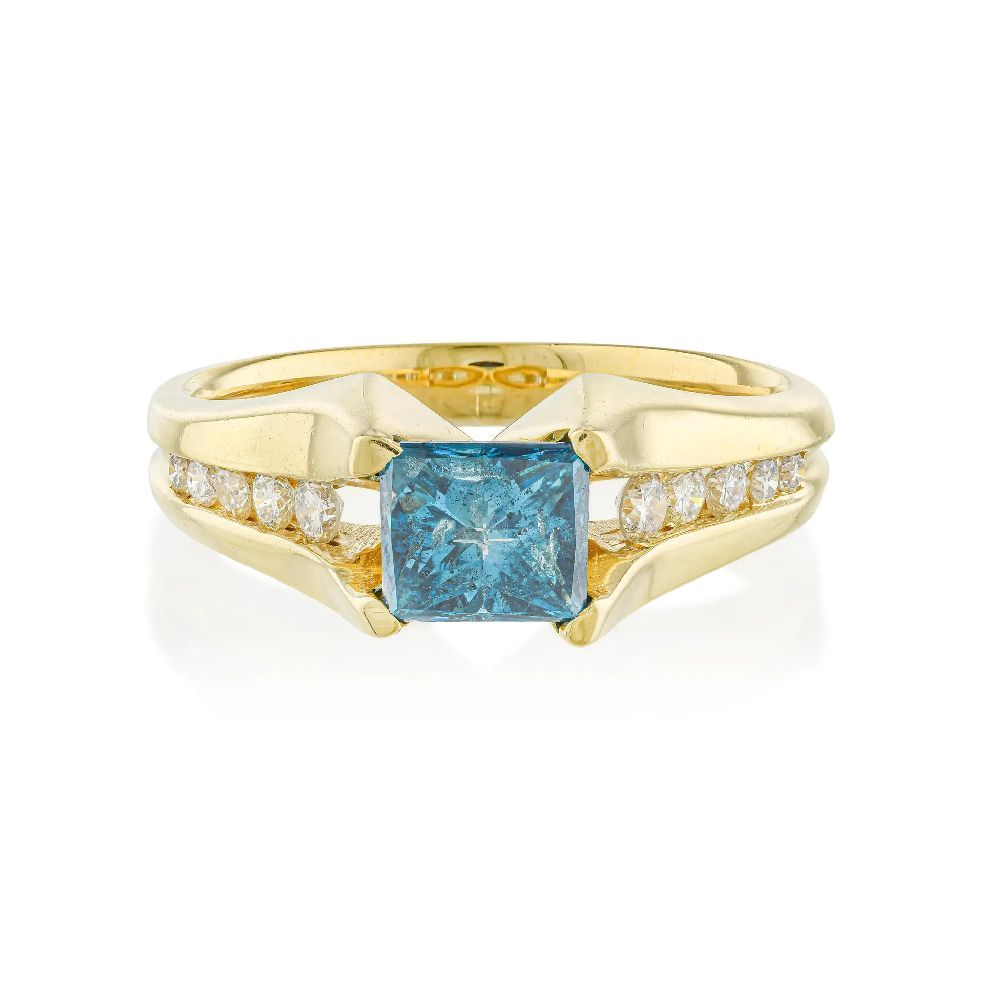 Blue-Green Treated Diamond and White Diamond Ring