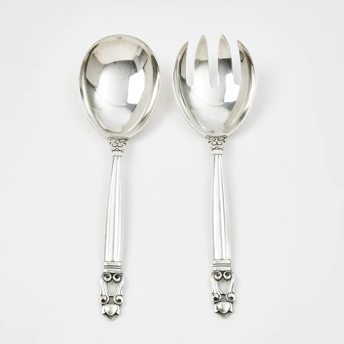 JOHAN ROHDE. Salladsbestick, 2 dlr., "Konge/Acorn", sterlingsilver