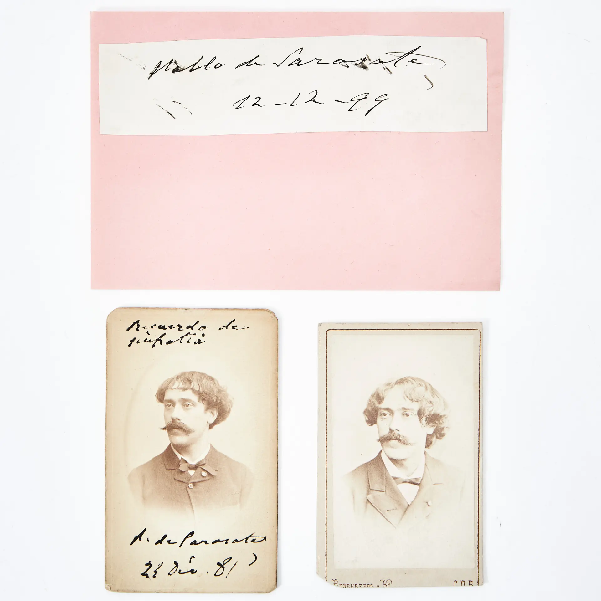 SARASATE CARTE DE VISIT WITH AUTOGRAPH AND TWO MORE. 3 ITEMS.