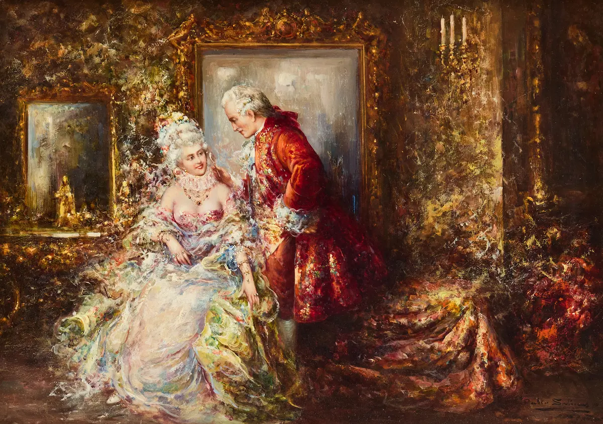 JUAN PABLO SALINAS TERUEL. Kurtiserande par i elegant miljö.