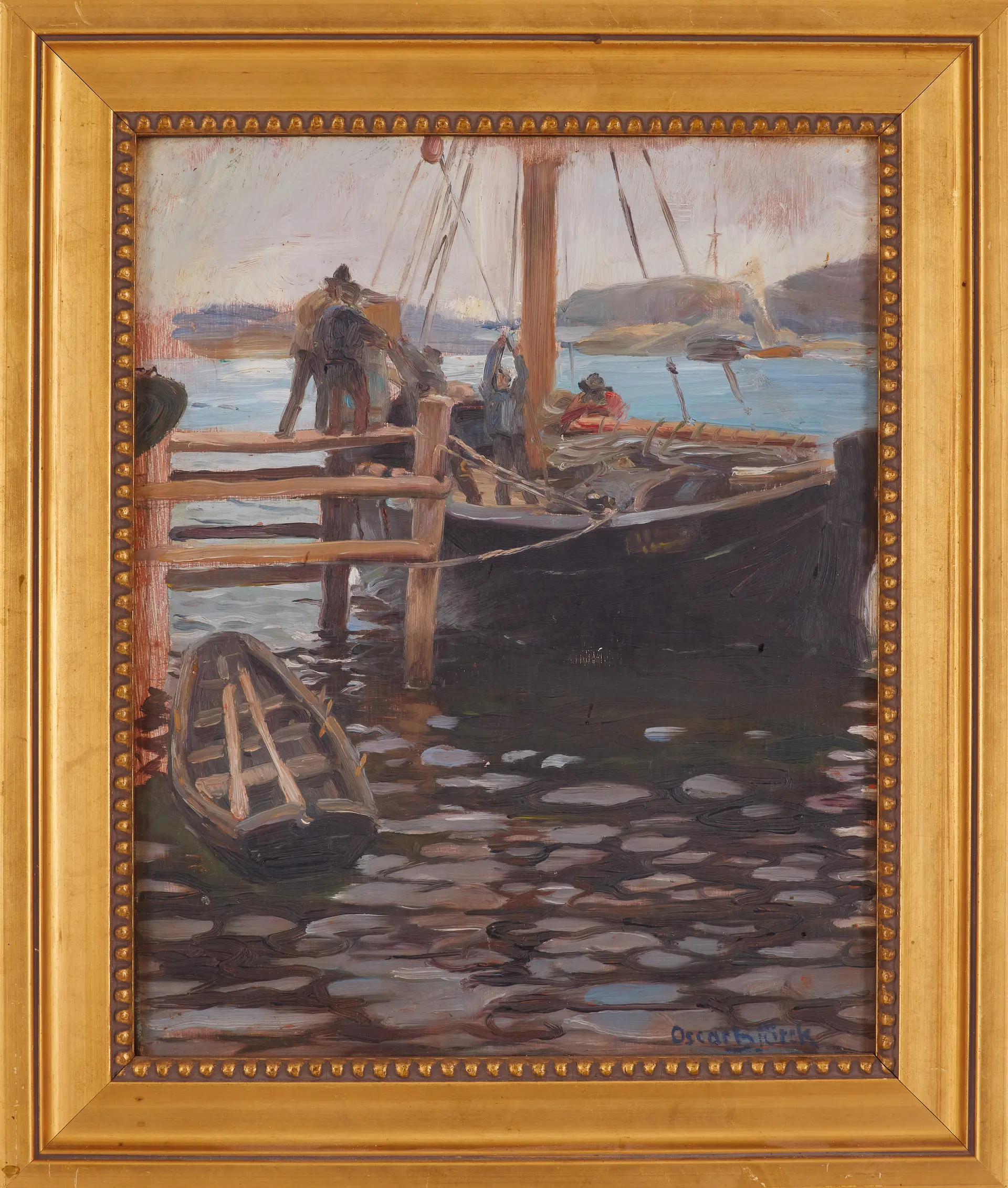 OSCAR BJÖRCK. Fiskebåt, olja på pannå, signerad.
