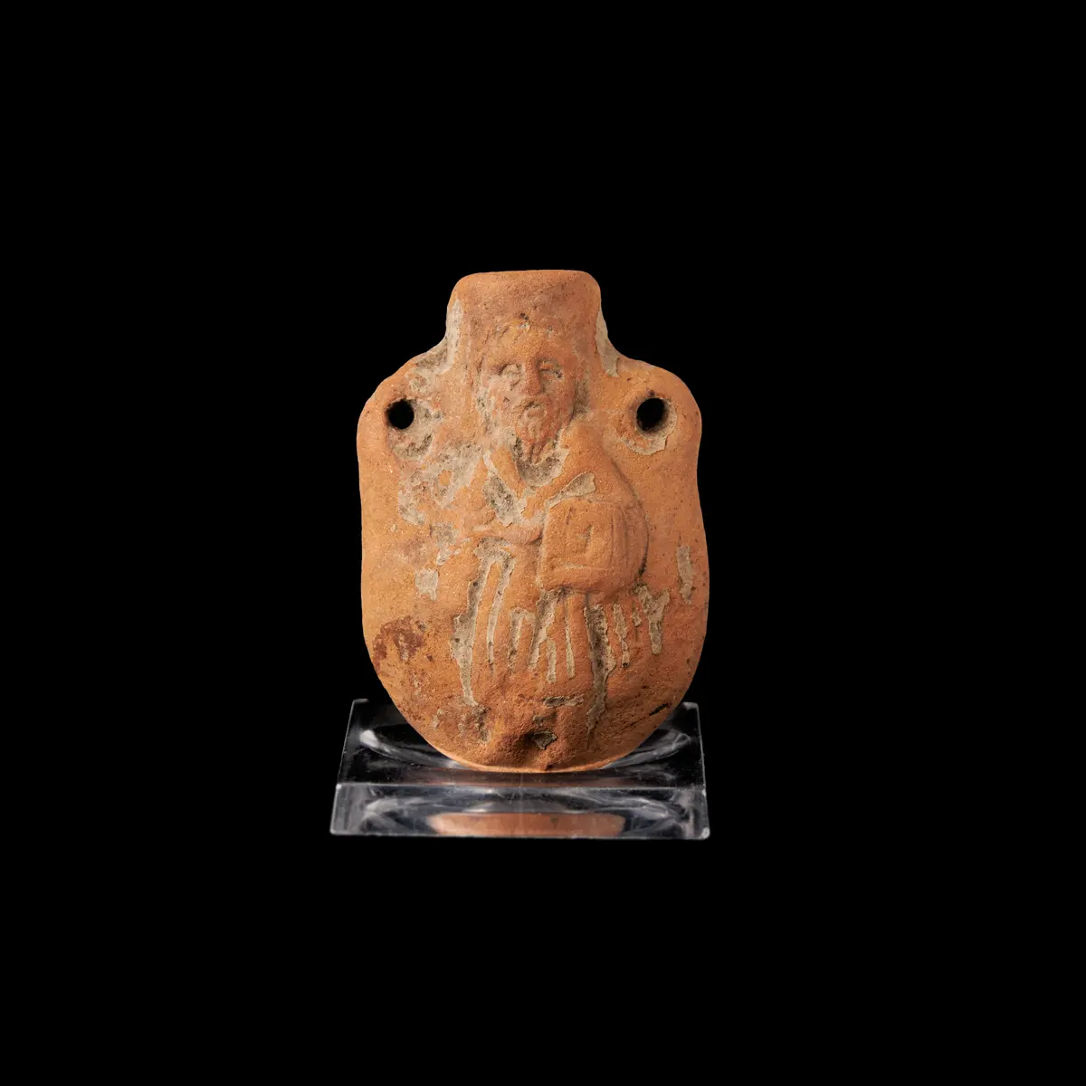 PILGRIMSFLASKA, 500-600-tal e Kr, lergods, den ena figuren föreställer