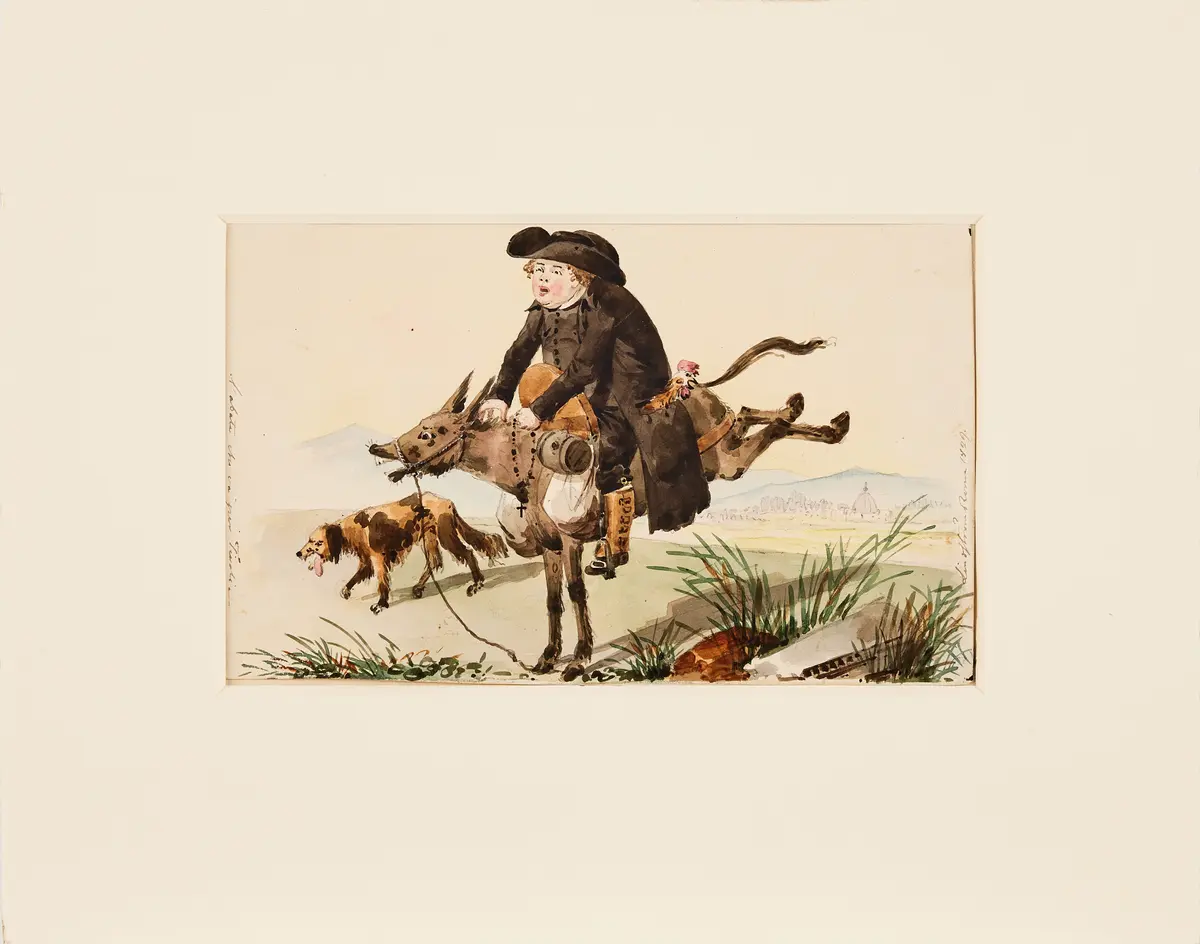CARL JACOB LINDSTRÖM (1801-1841). En Abbot med en tupp i fickan ridande