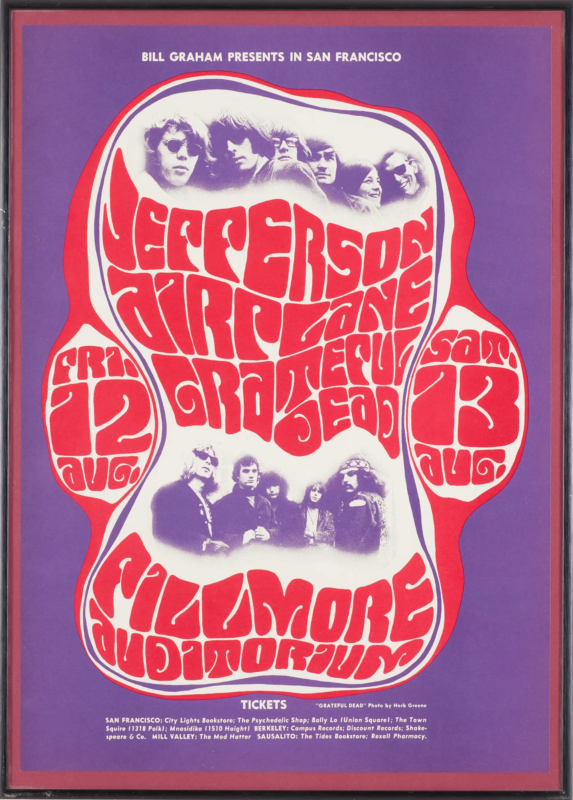 JEFFERSON AIRPLANE & GRATEFUL DEAD, konsertaffisch, screentryck, August
