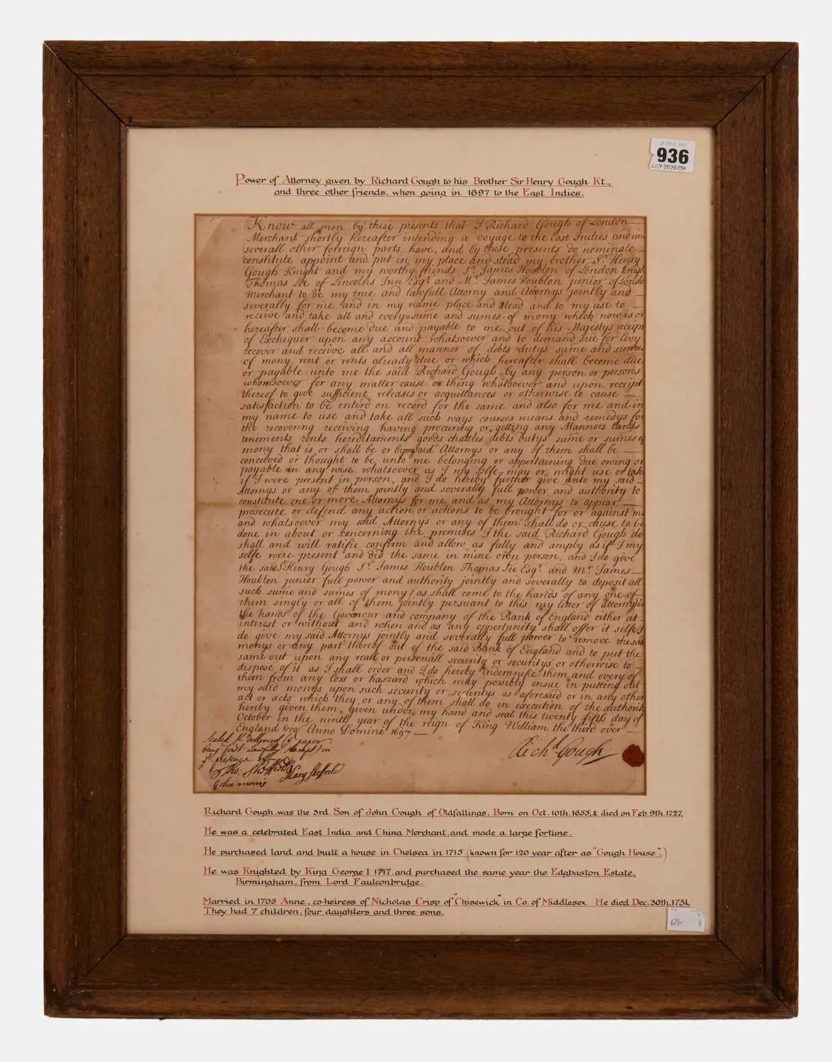 A Power of Attorney granted by Richard Gough (1655–1728) for his Voyage