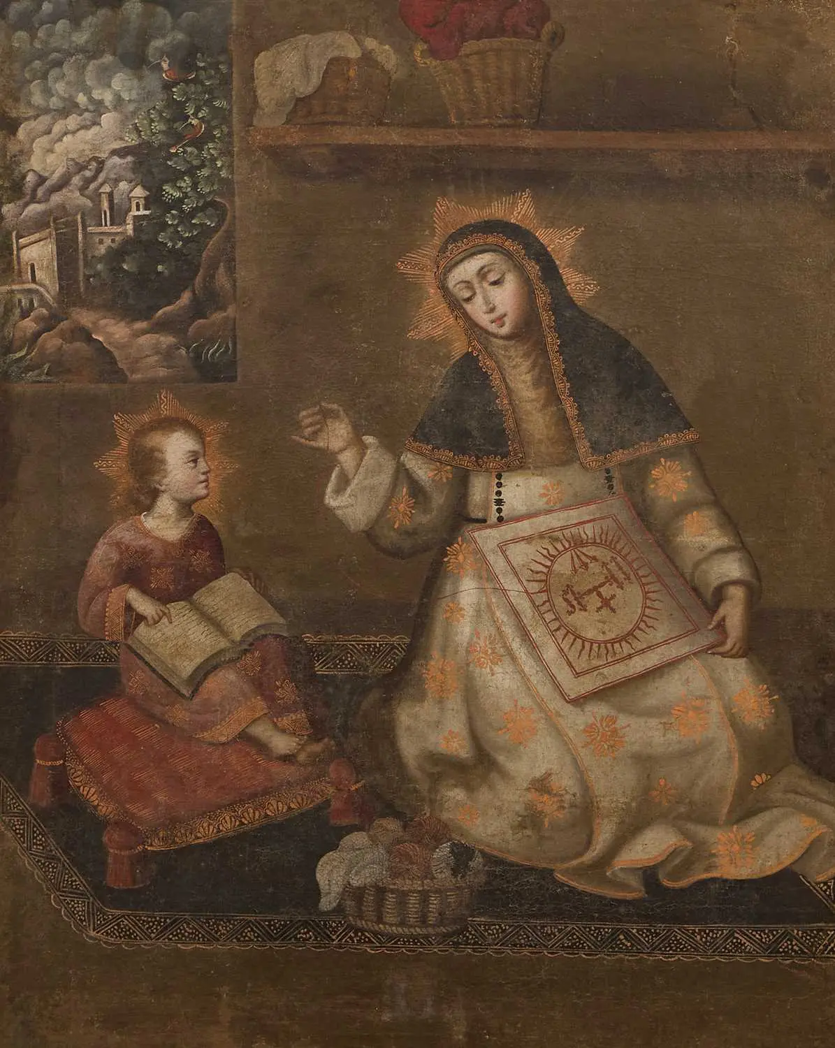 South American School, 18th century The Virgin Mary teaching the young Jesus