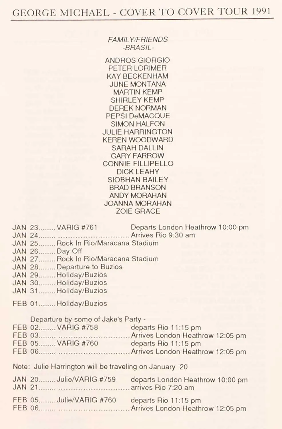 'George Michael - Cover To Cover 1991' a tour itinerary