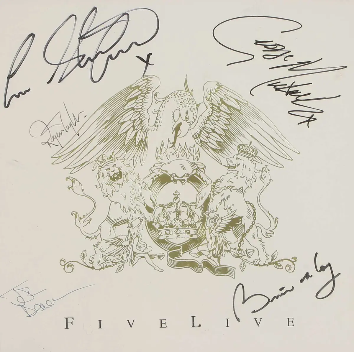 A Queen 'Five Live' EP sleeve signed by: