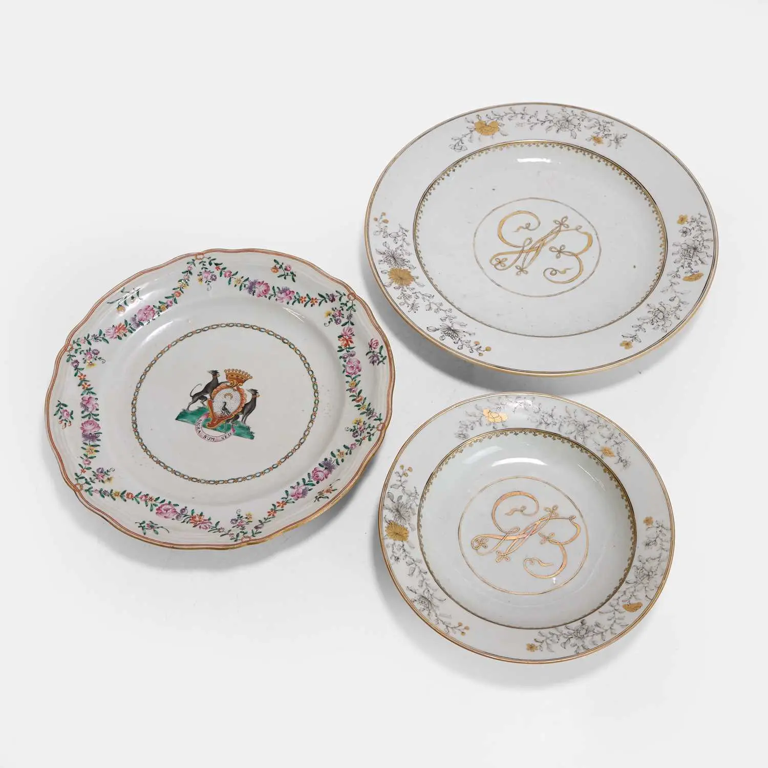 Three Chinese export famille rose plates 18th century