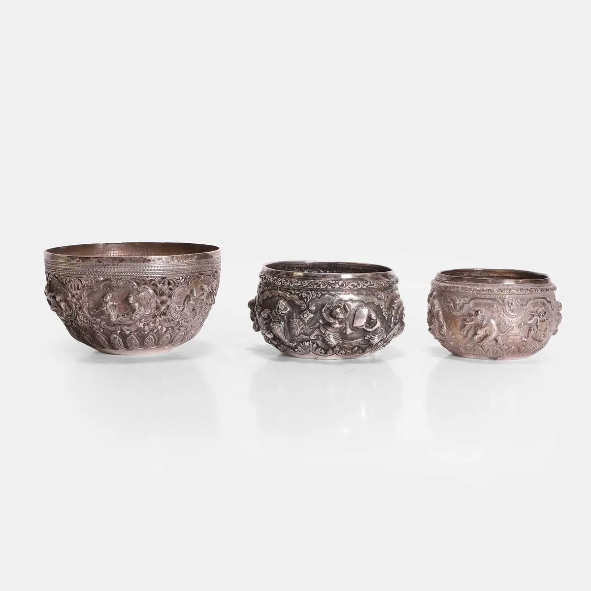 Three Burmese (Myanmar) silver bowls late 19th/early 20th century