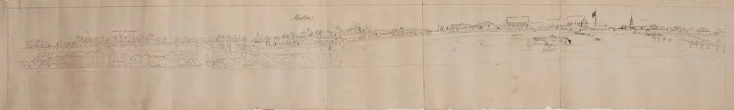 An Indian drawing of a panoramic view of Madras first half of the