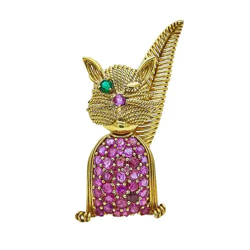 18K & 14K Yellow Gold, Ruby, and Emerald Fancy Feline Brooch