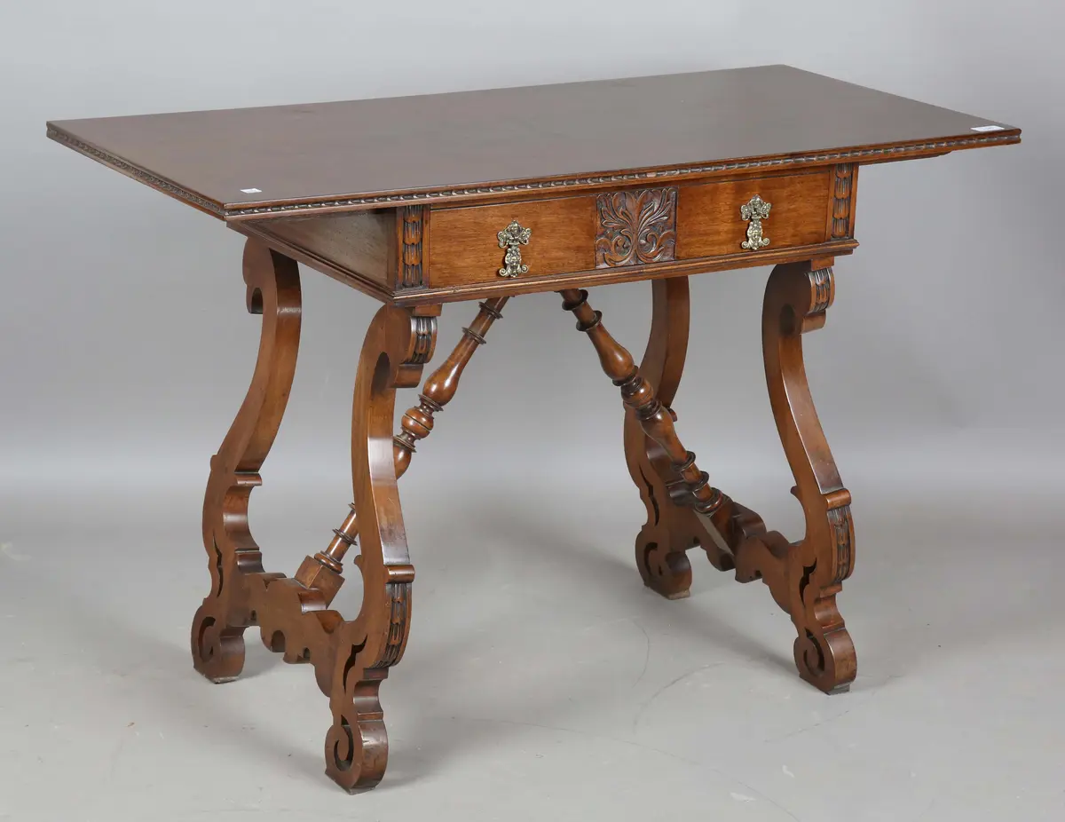 A mid-20th century Spanish style burr walnut side table, fitted with