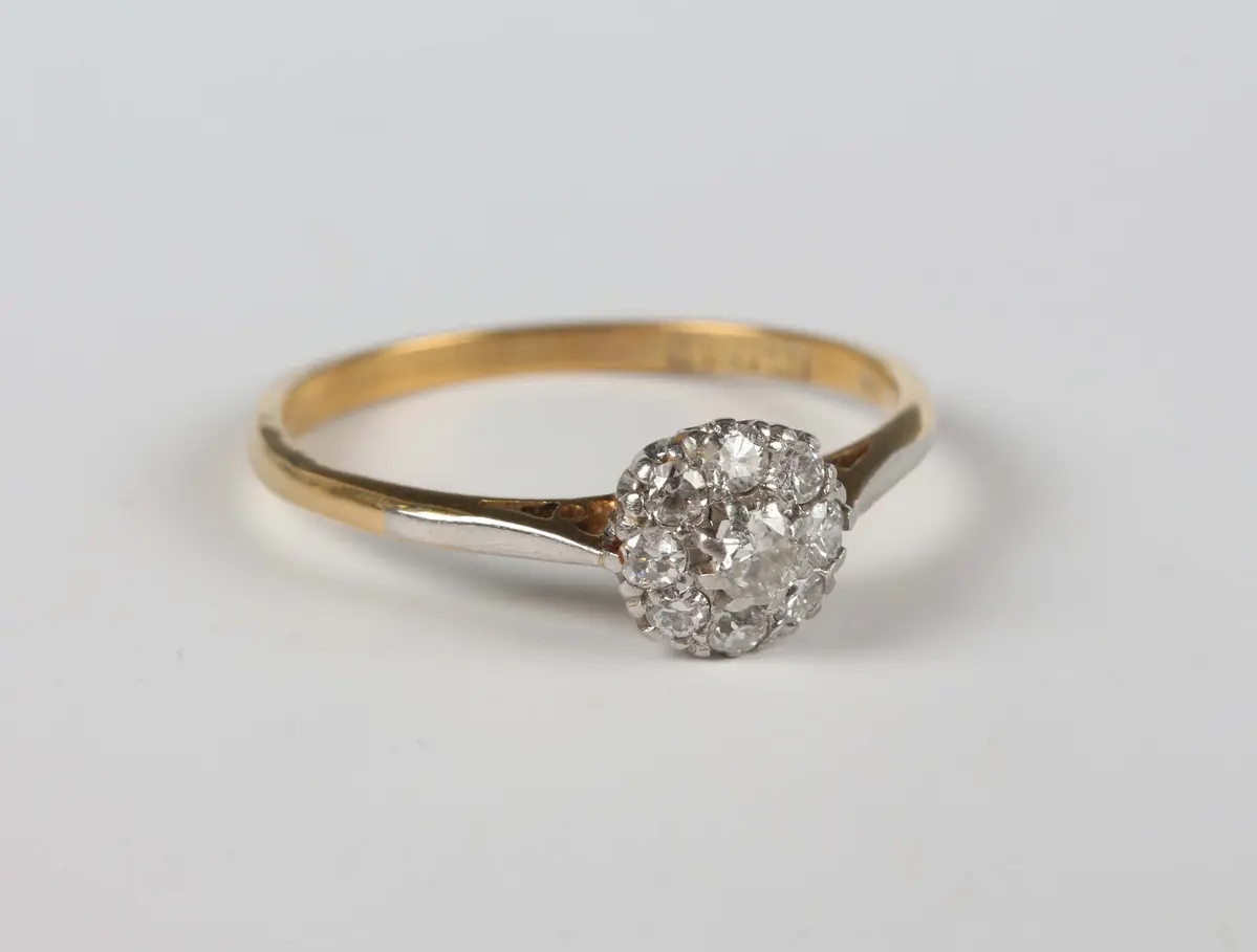 A gold, platinum and diamond cluster ring, mounted with the principal