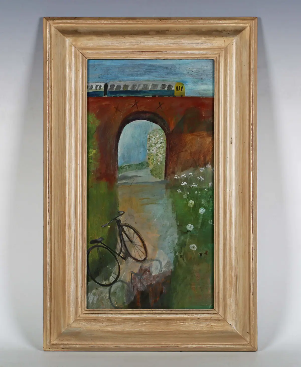 Tessa Newcomb (British b.1955) - Railway bridge and bicycle, oil on