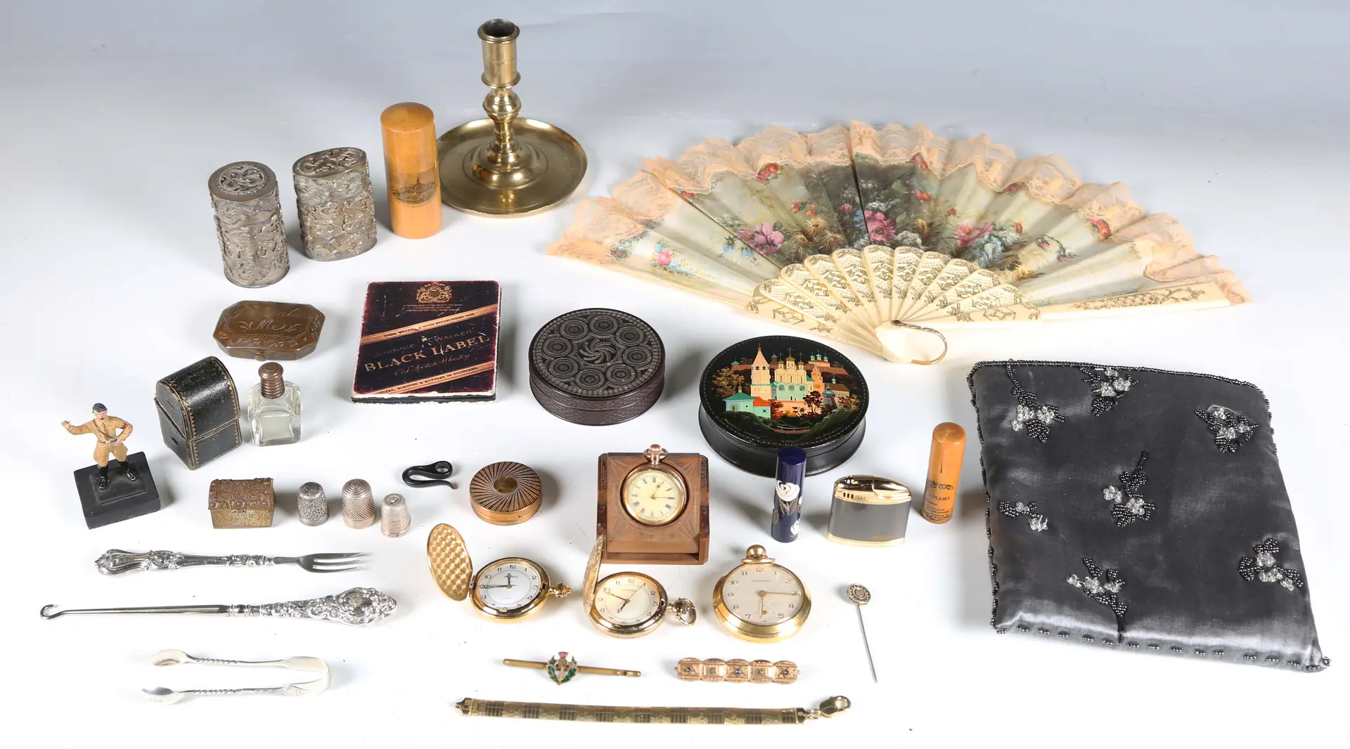 A group of collectors' items, including a 19th century hardwood circular