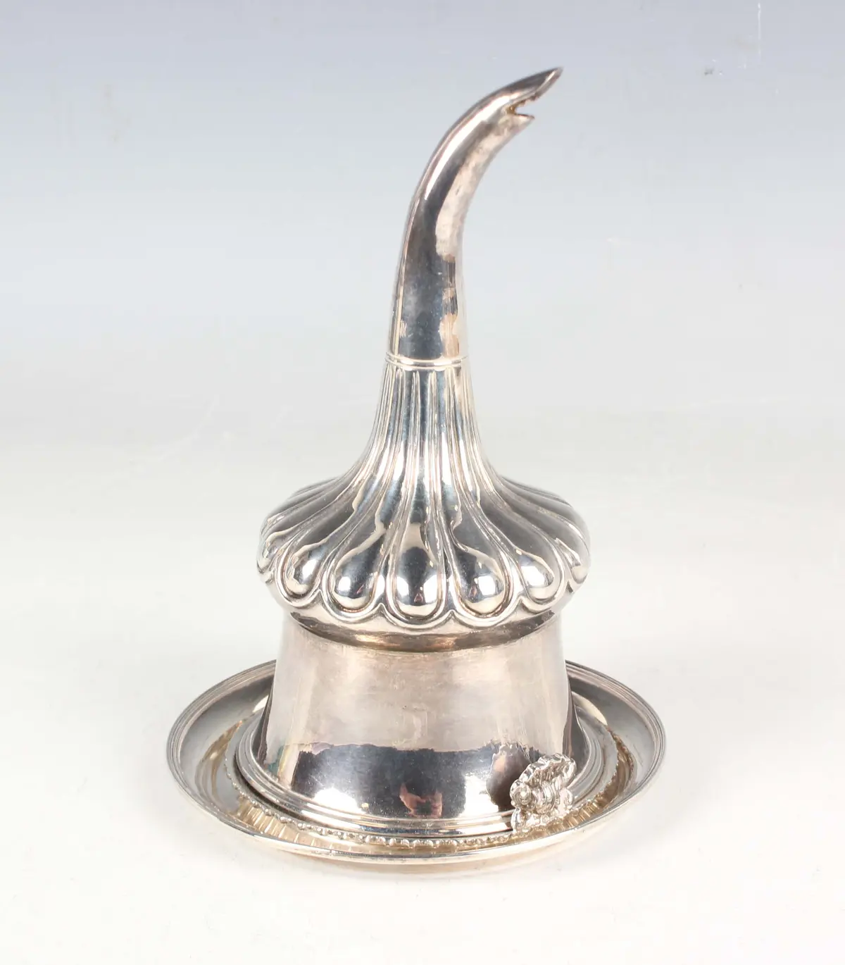 An early 19th century silver wine funnel, the detachable pierced liner