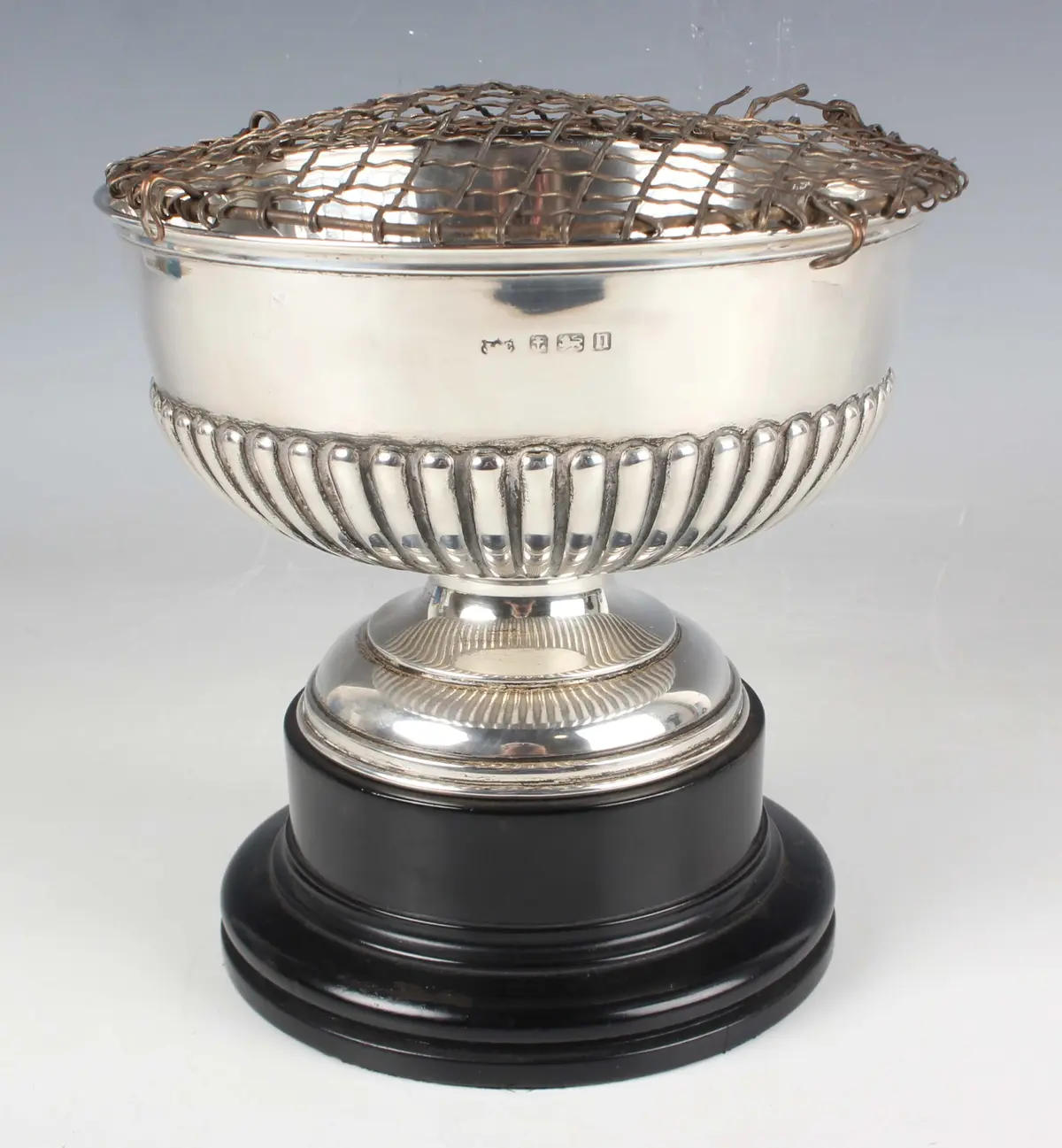 A George V silver circular half-reeded rose bowl on a circular domed
