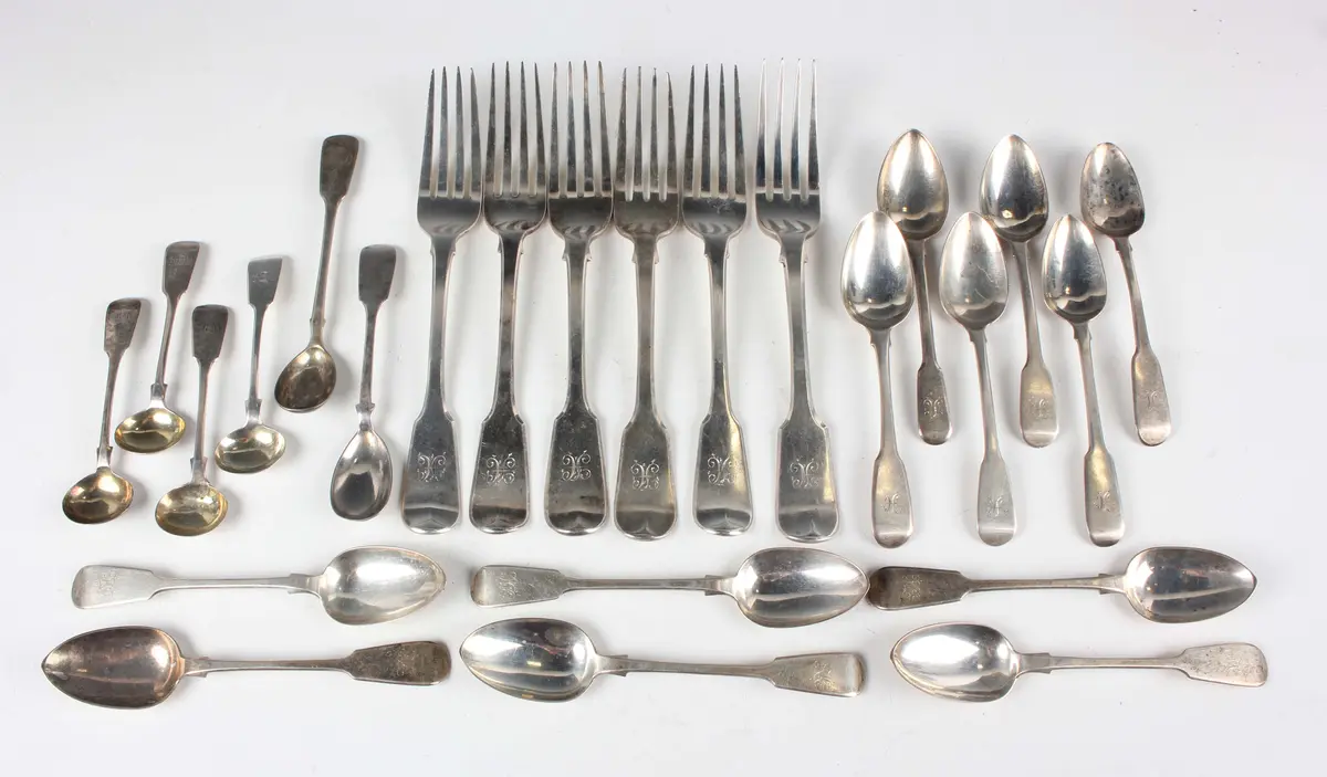 A group of George III and later silver Fiddle pattern cutlery, including